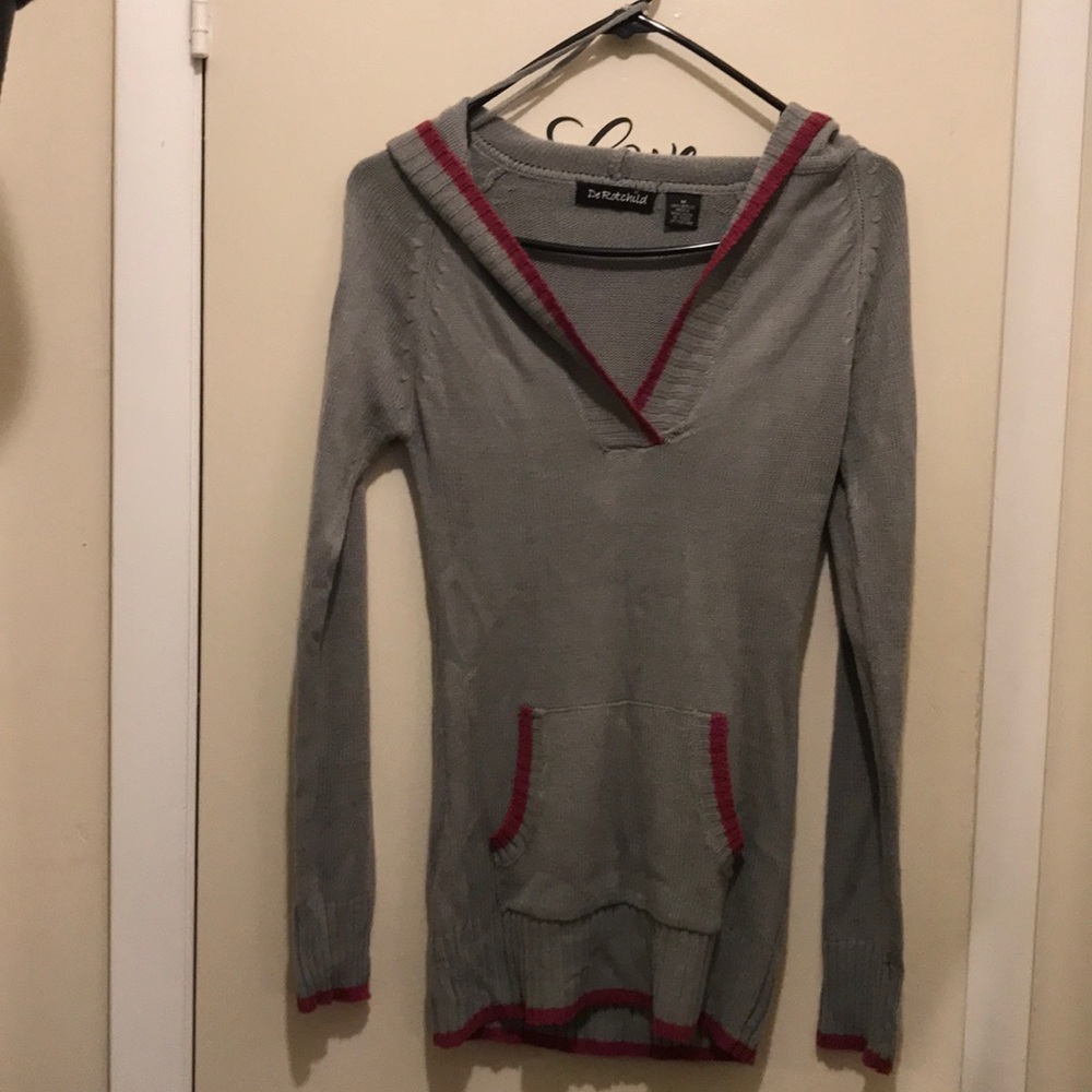 E) De Rothschild Size Medium Gray Hooded Sweater with Red Trim